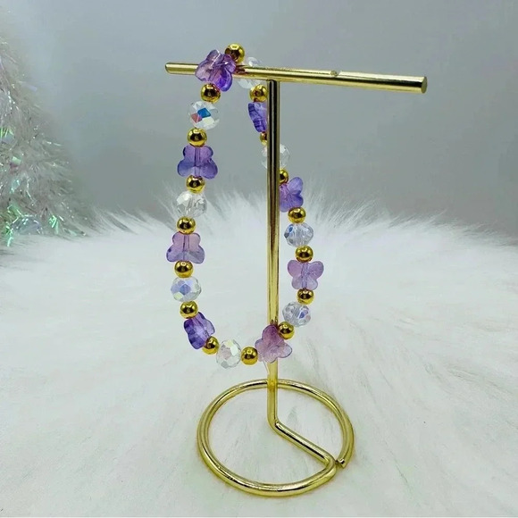 Purple Butterfly Charm Beaded Bracelet - Picture 1 of 7